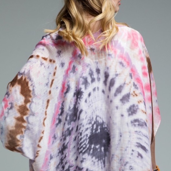 Bohemian Tie Dye Kimono Pink White Cover up - Picture 3 of 11